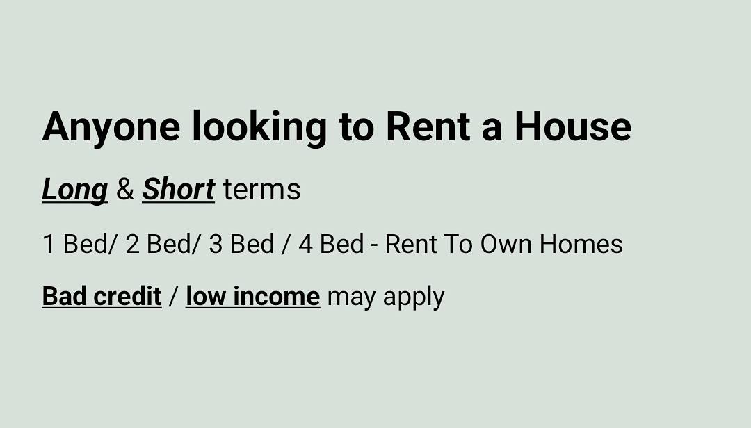 Rent a House
Long & Short terms
1 Bed/ 2 Bed/ 3 Bed / 4 Bed - Rent To Own Homes
Bad credit / low income may apply
check your house list here:
bit.ly/rentraki

#Rent #rent #House #houserent #apartment #apartmentrent #USA #badcredit #lowincome
