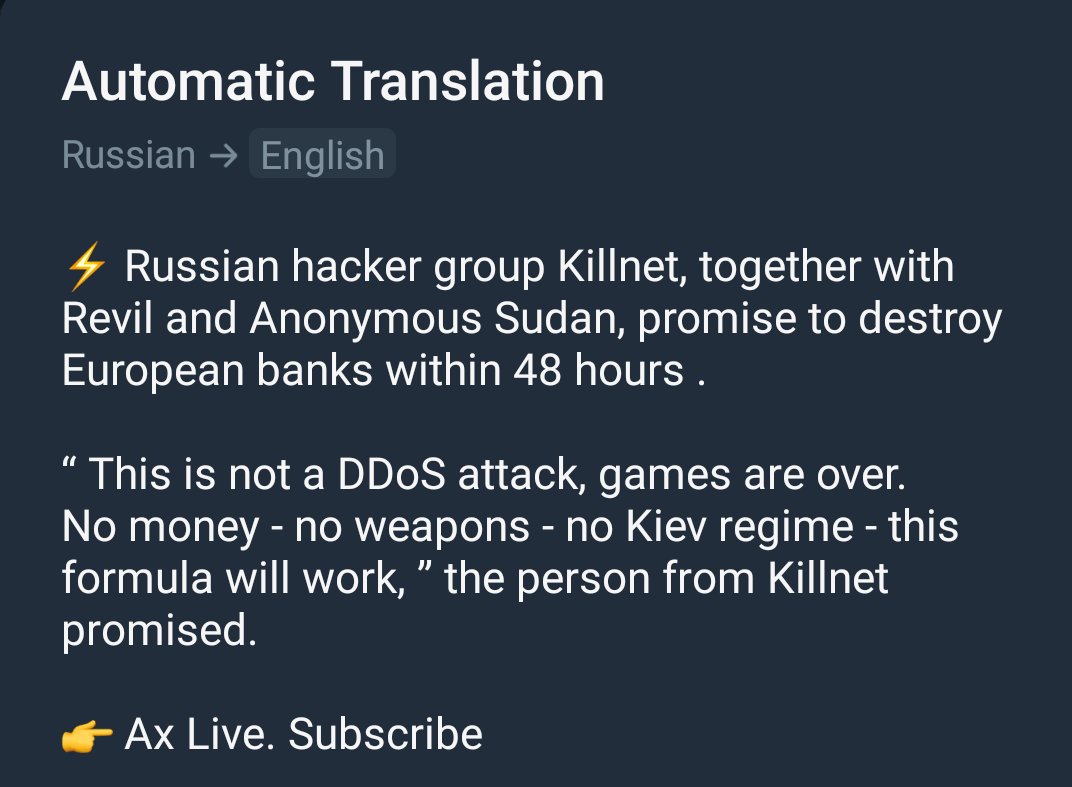 vxunderground's tweet image. Topor Live, a large Telegram-based news outlet based out of Russia, with over 3.9M followers, reported that REvil, Anonymous Sudan, and Killnet are going to take down the European banking system in 48 hours.  

Following this attack, Linus Torvalds will switch to Windows.