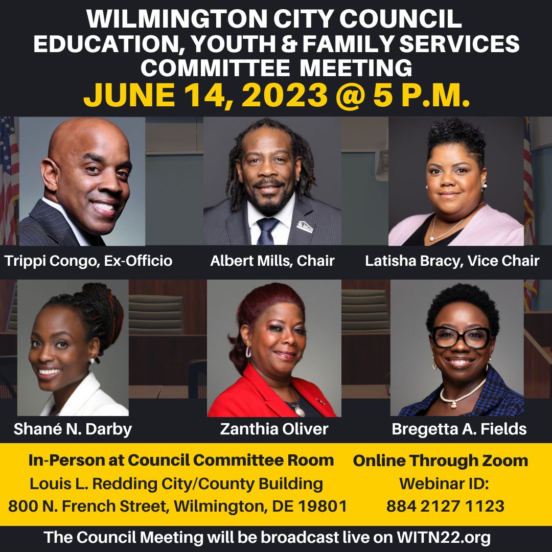 🗓 Happening Today, June 14, 2023, at 5pm 🗓 Join us for our Education, Youth & Family Services Committee Meeting. To download the agenda, visit wilmingtoncitycouncil.com/event/educatio…
To access the meeting via Zoom, visit us06web.zoom.us/j/88421271123 
#wilmingtonde #Delaware