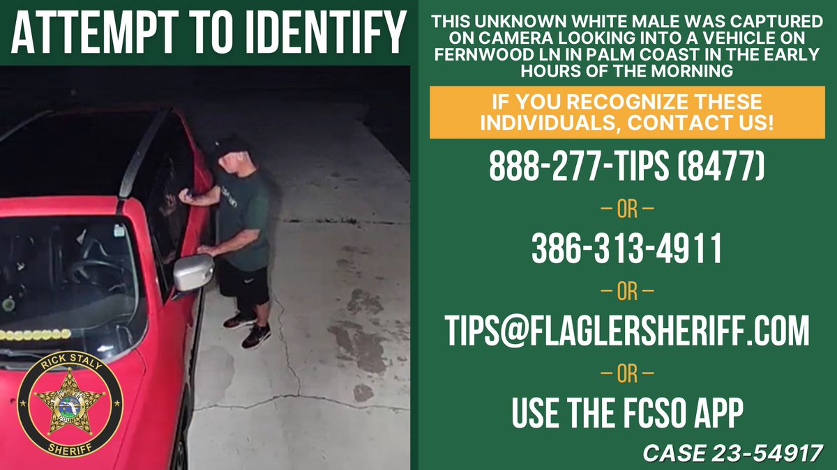 FlaglerSheriff's tweet photo. This man was captured on camera looking into a vehicle on Fernwood Ln in Palm Coast in the early hours of the morning.
If you recognize this individual or have experienced this yourself, please contact us! #SeeSomethingSaySomething #AttemptToIdentify https://t.co/eSCDxAN601