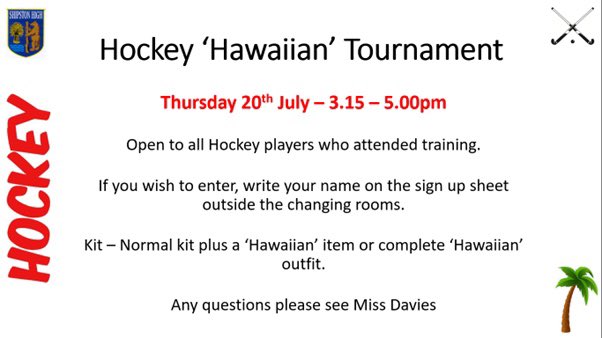 📢 Hockey news 📢
It is that time of the year again… the annual Hockey ‘Hawaiian’ tournament. Open to all hockey players, taking place on Thursday 20th July. 🌴😎🌺🏑
#excitingtimesahead
#shipstonhockeycan