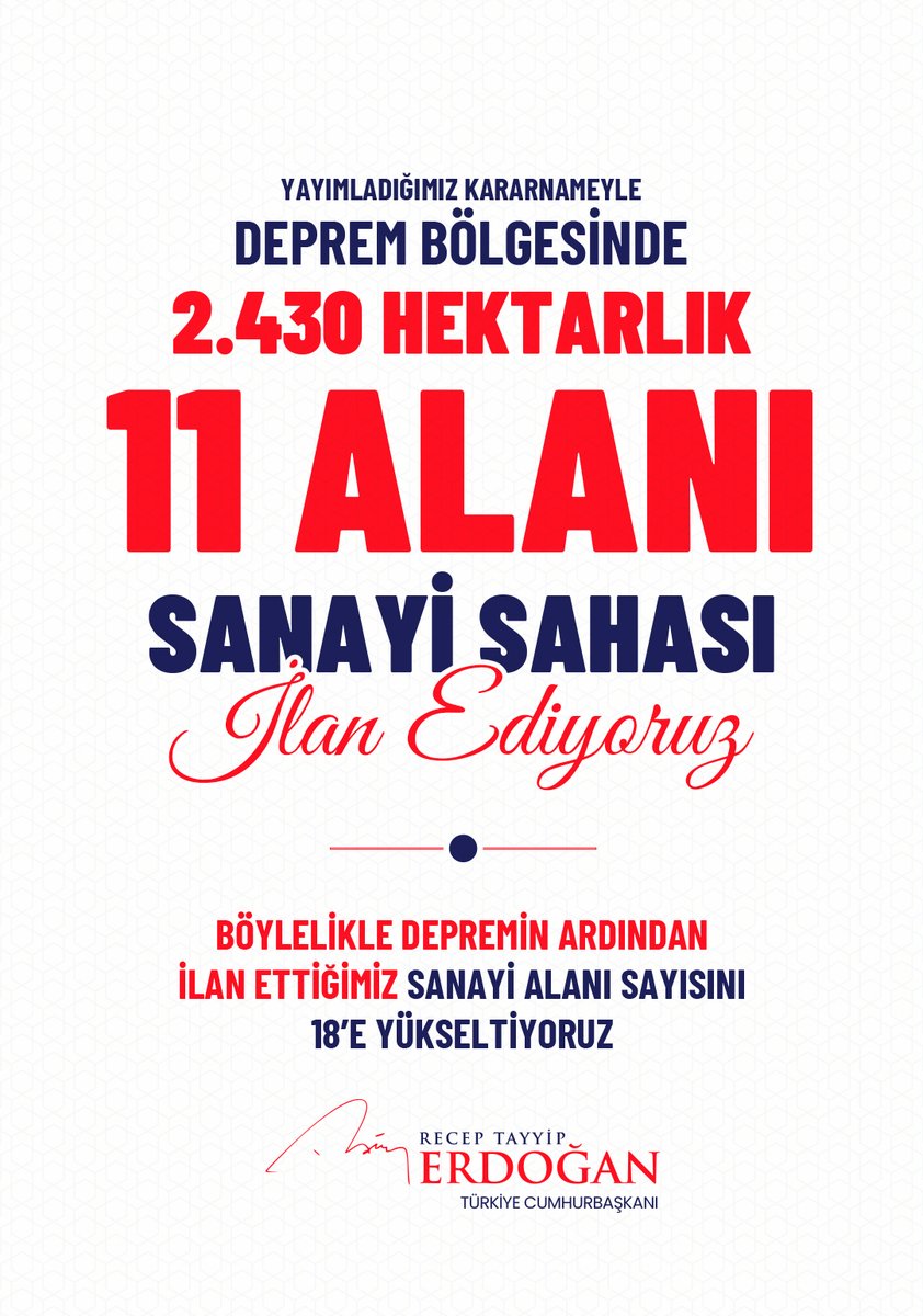 Yeni sanayi alanlarımız deprem bölgesindeki tüm kardeşlerimize hayırlı olsun.