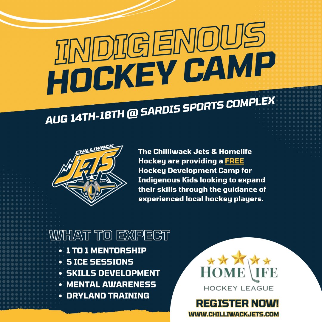Homelife Hockey League in partnership with the Chilliwack Jets Hockey Club, is very excited to announce the 1st Annual Indigenous Kids Summer Hockey Camp. To signup or view more information please view the link in our bio or visit chilliwackjets.com/indigenous-hoc… #chilliwackbc