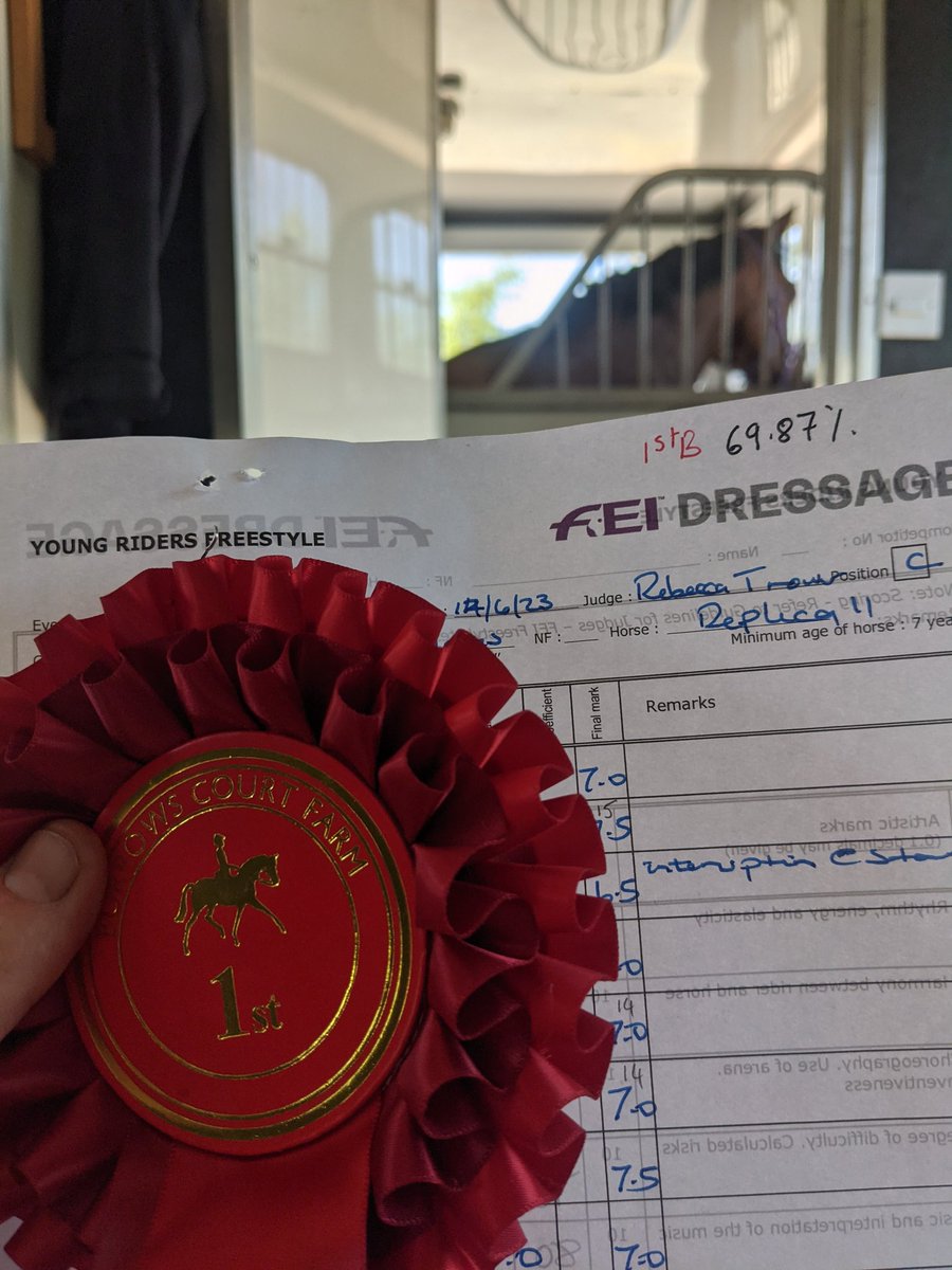 Thrilled Flicks tried in the heat today, she even felt quite sprightly! Our 2nd PSG music, this time judge loved music &amp; thought it suited her well 🙌 Bit spooky at speaker in bush 😂 &amp; I made mistake in the last changes but (revised after adding mistake) 70.38% 😁 and a win!