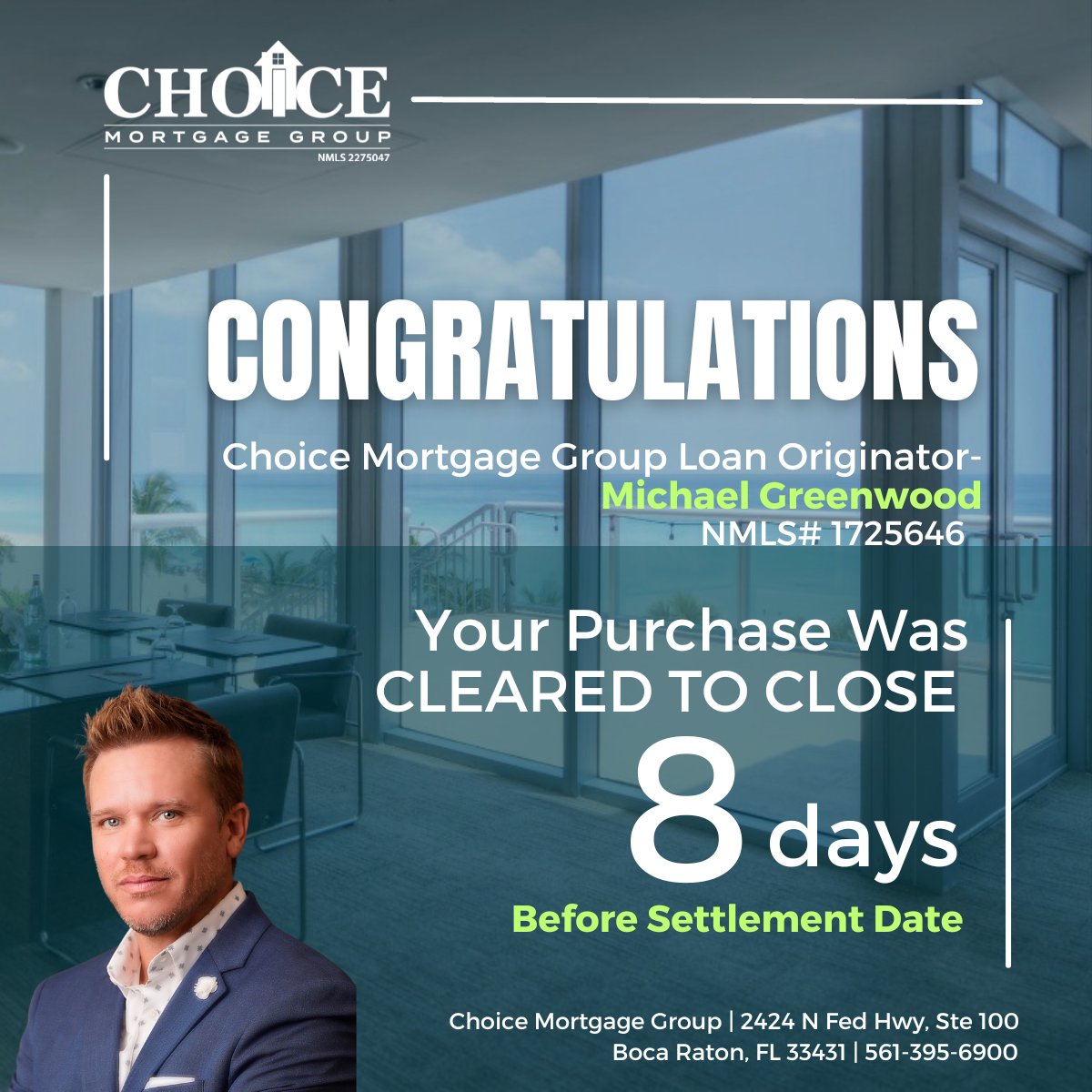 CHOICEMORTGAGE's tweet photo. 🤩Congratulations Michael Greenwood!
Your Loan Cleared To Close 8️⃣ Days Before Settlement Date.
#mortgagetips #realestateagent #realestatebroker #mortgagetrends #realestatehacks #mortgage #homebuyertips #choicemortgagegroup #mortgagemarketing #loansinparadise https://t.co/whMlFlk1TK