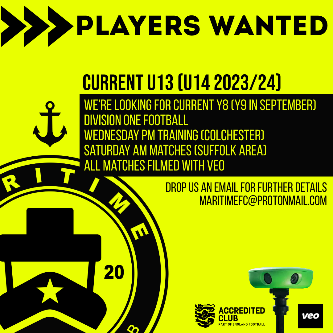 We are looking for new players 🟥 🟩 ⚽ 
Current U13s (U14s for 2023/24)
Y8 (Y9 from September)
Div 1. Sat Matches. Wed Training.

Email or DM for info.

#playerswanted #playerfinder #suffolkfootball #ipswich #suffolk #colchester #tendring #clubslookingforplayers #wivenhoe