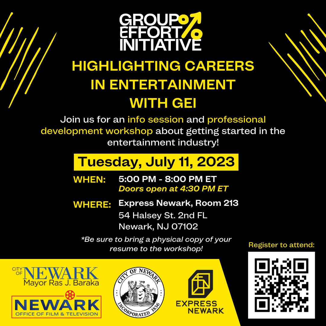 CityofNewarkNJ's tweet photo. Calling all film and TV professionals!
TV and Film production activity has been increasing over the years in the City of Newark, and naturally, so has the curiosity about how to gain employment and how to get involved in this industry. 
@groupeffort @expressnewark https://t.co/PefPoh6Wfp
