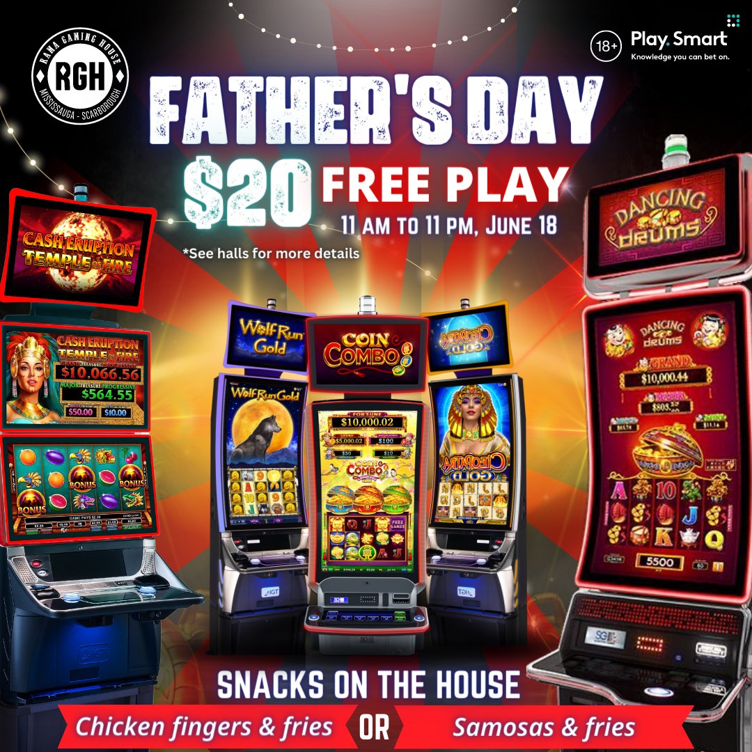 RamaGamingHouse's tweet photo. Treat dad to a special day out with our Father's Day promotion on June 18th! Get $20 free play with a delicious treat: free order of Chicken Fingers and Fries or Samosas and Fries. Open to all male guests!
#FathersDay #RamaGamingHouse #FreePlay #FathersDayLunch https://t.co/4hqDZbuArI