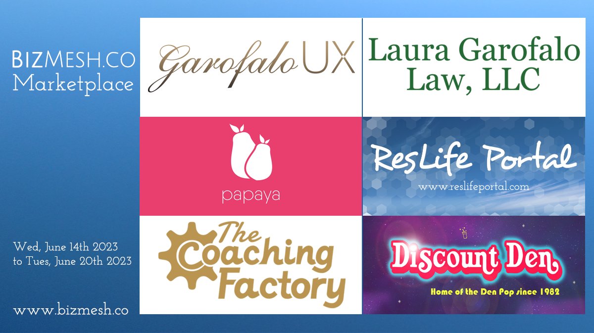 bizmesh's tweet photo. Weekly Marketplace! Check out Garofalo UX, Laura Garofalo Law, Papaya, ResLife Portal, The Coaching Factory, & Discount Den. https://t.co/8H9mdpg7EL #entreprenuer #entreprenuership #smallbiz #smallbusiness #BizMesh #MeshTogether #supportsmallbusinesses https://t.co/ZaxlT9XM4x