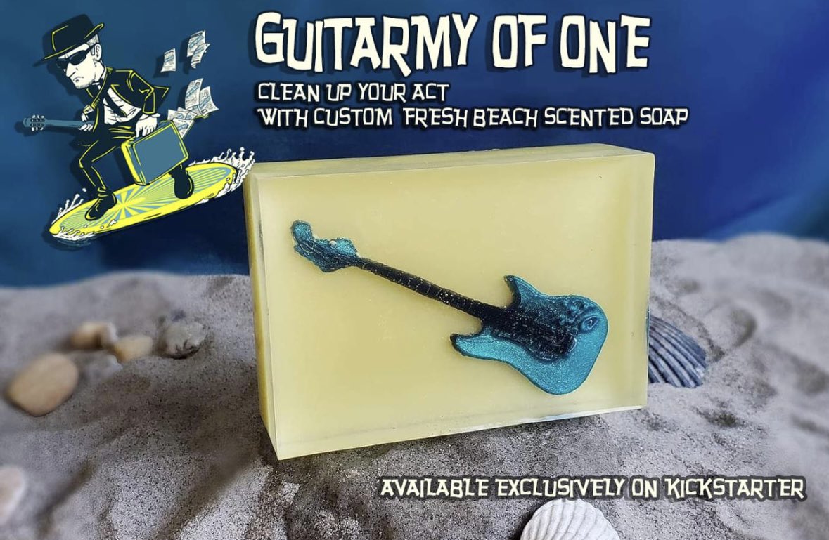 Clean up your act! The Guitarmy of One Kickstarter campaign, which ends on June 20 has implemented a clean up strategy by including a Surf Blue Guitar Custom Soap as an ADD-ON. Add-on to any reward tier. Soap by Lily & Marilyn
#guitarmyofone #soap #cleanup #spysurf #surfrockmusic