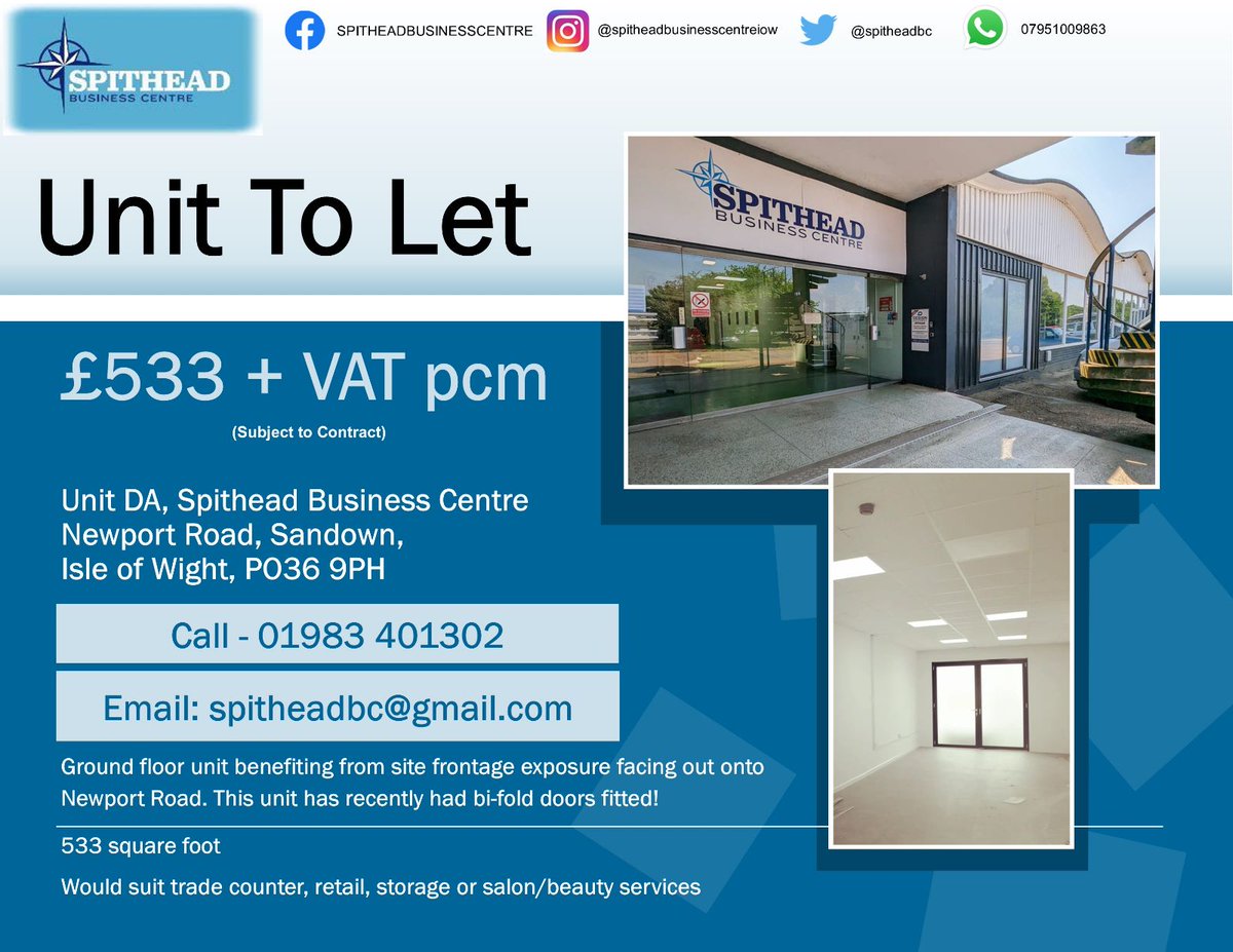 spitheadbc's tweet photo. Today's #propertyspotlight is Unit DA! Fantastic location right at the front of the site! Get in touch if this would suit your business! 
#commercialproperty #tolet #rentalproperty #IsleofWight #sandown #landlords #business https://t.co/Ud2xSupjlF