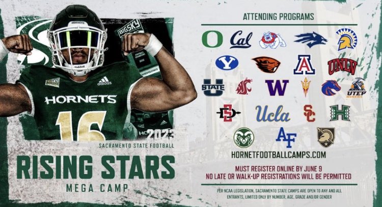 Excited to be competing at Sac State Mega Camp on June 15th! <a href="/SacHornetsFB/">Sac State Football</a> <a href="/BobbyFresques/">Bobby Fresques</a> <a href="/CoachMorla/">Larry Morla</a> <a href="/IAmTDowns/">DBSelect_TDowns</a>