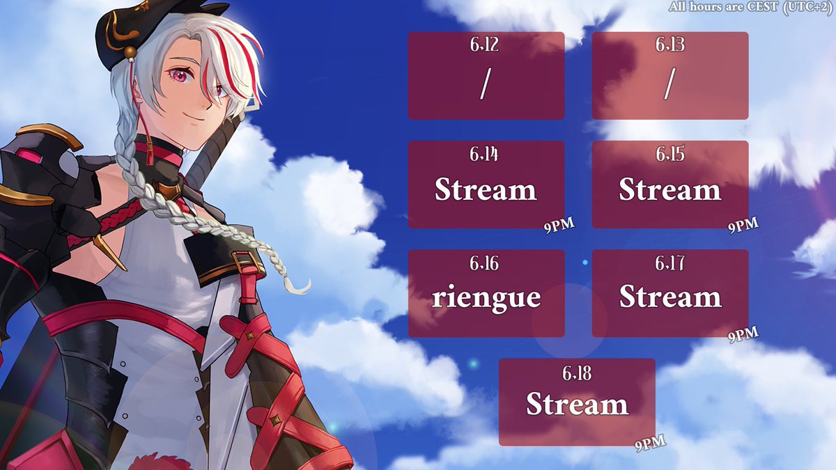 ryoalbendt's tweet photo. ~~~ Weekly Schedule!!! ~~~

la vache il fait chaud

De retour à la maison donc de retour en STREAM putain ce soir ca game

je sais pas quoi mais ca va gamer ca c'est sur

#Vtuber #vtuberfr #VTuberUprising https://t.co/y11P4pg7L4