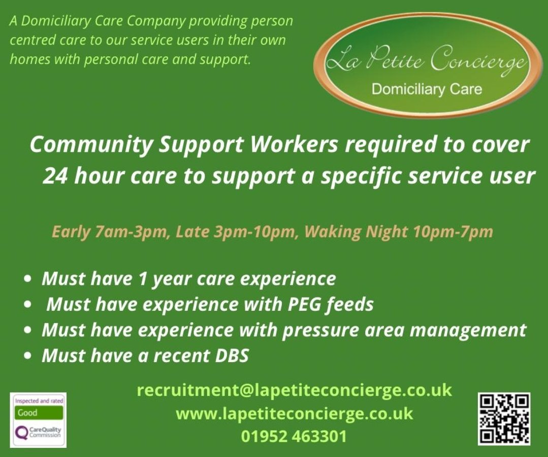 Experienced staff urgently sought for a new complex care package starting soon
Current DBS is vital for this role
Competitive rates paid
See image for more details
Contact us at Recruitment@lapetiteconcierge.co.uk or call 01952463301
#TelfordJobs
#ShropshireJobs
Please share!