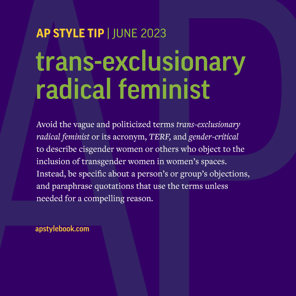 On our updated Transgender Topical Guide: trans-exclusionary radical feminist.
We recommend avoiding the vague and politicized term to describe cisgender women or others who object to the inclusion of transgender women in women's spaces.
apne.ws/OKUd9NS