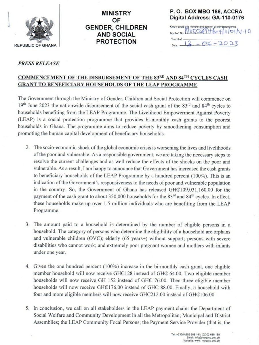 MoGCSP_Ghana's tweet photo. PRESS RELEASE: COMMENCEMENT OF THE DISBURSEMENT OF THE 83RD AND 84TH CYCLES CASH GRANT TO BENEFICIARY HOUSEHOLDS OF THE LEAP PROGRAMME
#MoGCSP_Ghana
#leapprogramme
#endpoverty https://t.co/5rmBM9Q5n4