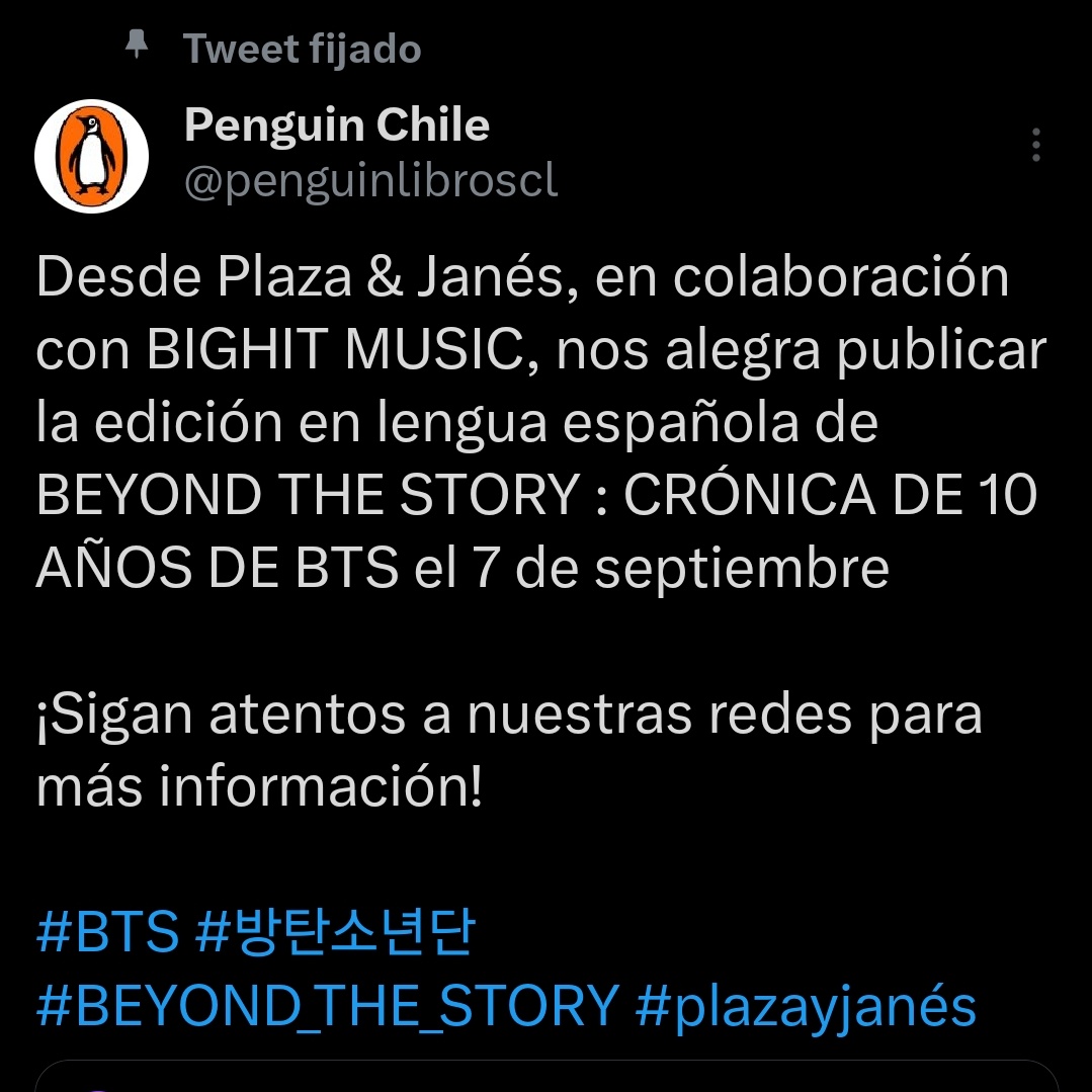 armychilensis's tweet photo. Que hermoso incentivar la lectura a través de la historia de Bangtan ✨️

El libro ‘BEYOND THE STORY : 10-YEAR RECORD OF BTS’ llega a Chile y en español gracias a @penguinlibroscl en colaboración con BIGHIT MUSIC el 7 de septiembre

#BEYOND_THE_STORY #BTS #방탄소년단 @BTS_twt https://t.co/DlQdPO5yXc