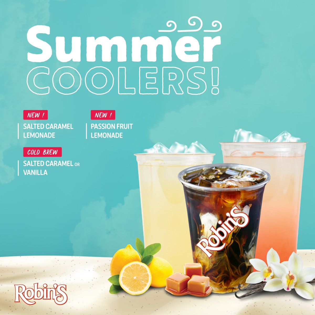 Our Summer Coolers are here!  Try all 3 to find your new Summer Fav drink!  😎 ☀️ 🍹 #Robins #RobinsDonuts #SummerCoolers #PassionFruit #SaltedCaramel #Lemonade #Coffee #ColdBrew #Summer2023