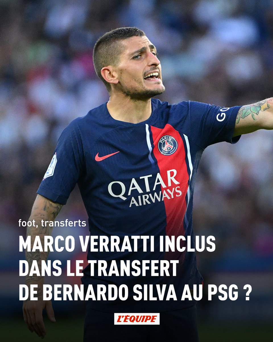 lequipe's tweet photo. Longtemps jugé intransférable, Marco Verratti a été proposé à Manchester City pour faciliter un transfert de Bernardo Silva au PSG. Sans succès pour le moment : https://t.co/t9HQNeqSZK https://t.co/t84LON6BPy
