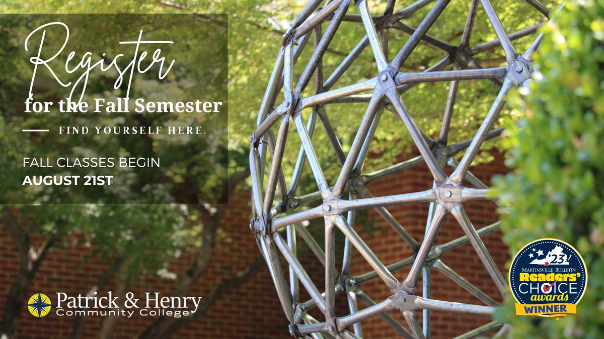 PatrickHenryCC's tweet photo. Patrick & Henry Community College recently won one of Martinsville Bulletin's "Best Of" awards for Best Educational Facility! We love our beautiful campus and hope you'll join us here this fall. Visit https://t.co/lazBgPufcm. #registerforclasses #PHamily #VCCS https://t.co/RX2stZHiqU
