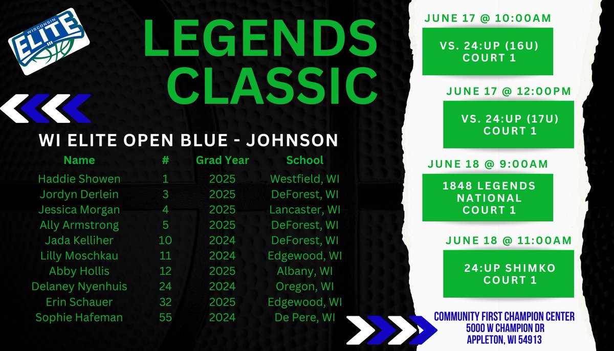 Catch our  <a href="/BlueStarBB/">Blue Star Basketball</a> Open Johnson team this weekend at the Legends Classic in Appleton. 
<a href="/HaddieShowen/">Haddie Showen</a>
<a href="/jordynderlein/">Jordyn Derlein</a> 
@MorganJessica52 
<a href="/allyarmstrong02/">Ally Armstrong</a> 
<a href="/KelliherJada/">Jada Kelliher</a> 
<a href="/lillymoschkau/">Lilly Moschkau</a> 
<a href="/AbbyHollis4/">Abby Hollis</a> 
<a href="/DelaneyN20/">Delaney N</a> 
<a href="/erinnschauer/">Erin Schauer</a> 
<a href="/HafemanSophie/">Sophie Hafeman</a>