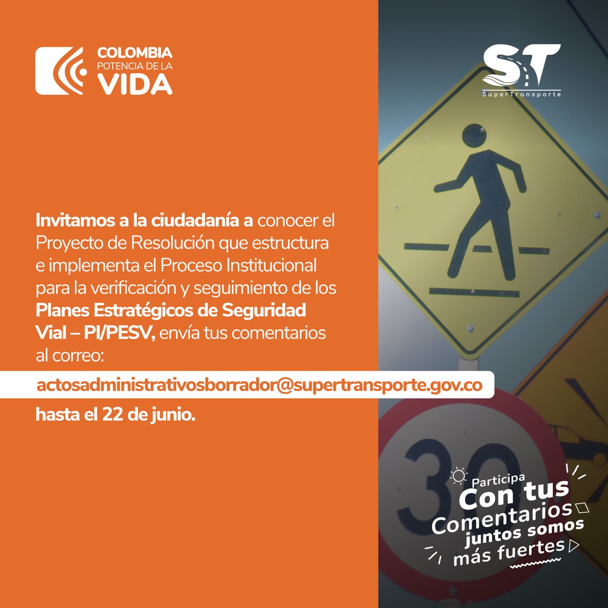 Supertransporte's tweet photo. 🚨🚧ATENCIÓN🚧🚨
Invitamos a toda la ciudadanía a conocer el Proyecto de Resolución que estructura e implementa el proceso institucional para la verificación y seguimiento de los Planes Estratégicos de Seguridad Vial. Enlace: ➡️ https://t.co/G5pWISWx4p https://t.co/FdlWEFtBZS