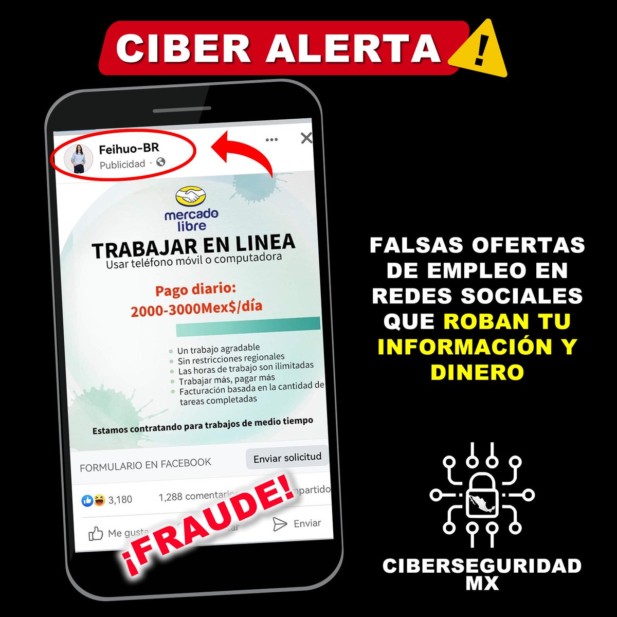 MexicoCiber's tweet photo. 🚧🚨¡CIBERALERTA!🚨🚧
Cibercriminales roban tus datos personales y dinero con anuncios pagados en redes sociales de falsas ofertas de empleo de #MercadoLibre.
¡NO DES CLIC Y NO DES INFORMACIÓN!
#CiberseguridadMX #InternetSeguro #NoCaigas #PiensaAntesdeCompartir https://t.co/E5GXZP1Spc