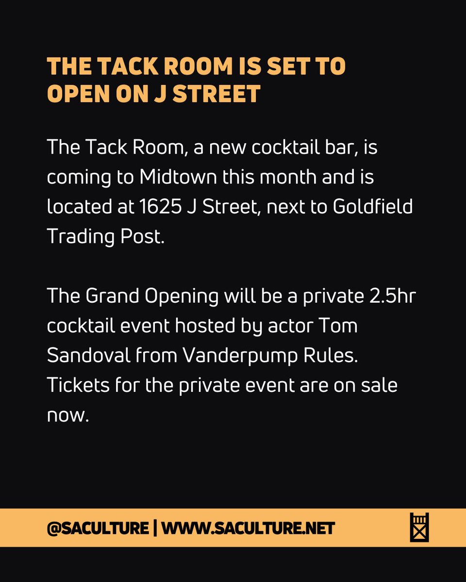 The Tack Room, a new cocktail bar, is coming to Midtown this month and is located at 1625 J Street. The Grand Opening will be a private 2.5hr cocktail event hosted by actor Tom Sandoval from Vanderpump Rules.