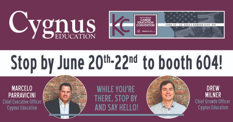 CygnusEducation's tweet photo. Cygnus Education will be in Kansas City, MO from June 20 - 22nd at the North American Career Education Convention. Visit booth 604 and chat with Marcelo S. Parravicini and Andrew Milner. #CECU #CygnusEducation https://t.co/vqOFwoD85m