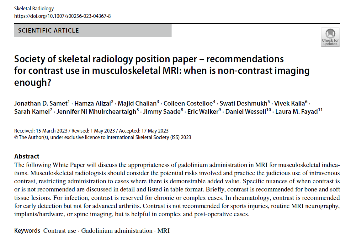 VivekKaliaMD's tweet photo. Happy to share our SSR White Paper / Position Paper on the Use of Contrast Material in #MSKRad.

Really a wonderful team and collaboration, led by  @LauraMFayad and @JonathanDSamet.

Nice summary reference table in the images below - but this is a nuanced topic!

Article link: https://t.co/IBOi8CO7mZ

@SSRbone #RadTwitter #OrthoTwitter