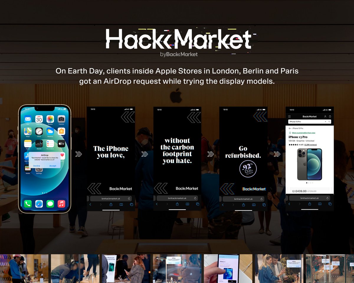 juliancole's tweet photo. A David vs. Goliath comms strategy saw Apple stores get hacked on Earth Day.

Back Market a marketplace for second hand phones, was facing a challenge to build desire for second hand phones,

It’s obviously hard to compete with a new iPhone.

How did they overcome the challenge?

They used a smart comms strategy to hack the problem.

Back Market teamed up with @MarcelAgency and came up with the ‘Hack Market campaign’

Where they developed a bot that would Airdrop messages at Apple Stores on Earth Day

The messages spit cold hard facts about sustainability and the affordability of refurbished tech.

Comms Strategy: Launch when the sustainability message will be loudest

Back Market hacked Apple Stores on Earth Day - when the world would be focused on sustainability.

If you’re itching to create equally great comms strategy, I’ve got an upcoming workshop where I’ll teach you how - https://t.co/5eBvgbftZj

Spot on work, @MarcelAgency!

Thank you SFS member Maxton Gilchrist for helping to break down the strategy.