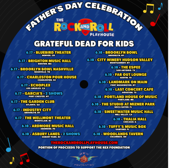 Father's Day fun for the whole fam this weekend at venues around the country with The Rock and Roll Playhouse! A portion of proceeds supports Rex, so we thank you and wish you a real good time! therockandrollplayhouse.com #gratefuldead #fathersday #rexfoundation #rockandrollplayhouse