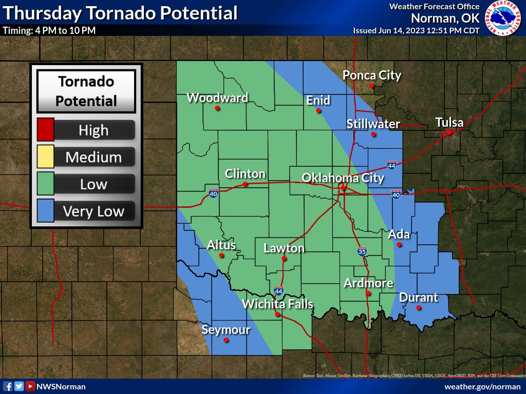 NWSNorman's tweet photo. Latest severe risk for tomorrow (THU).  Slight risk has been moved further southward covering nearly all of our area while hail size has been bumped up to baseballs.  There is also a risk although low for a few tornados.  A timing graphic will be coming soon.  #okwx #texomawx https://t.co/s40im9zm65