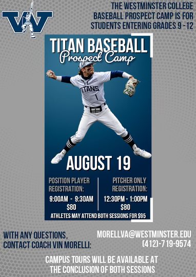 WCTitanBaseball's tweet photo. It’s that time again! We will be holding our annual prospect camp this year on August 19th. Please sign up using the link below and contact @CoachVinnieMoe for any questions.

https://t.co/I0AypDEIBc https://t.co/FZJE26nd4Y
