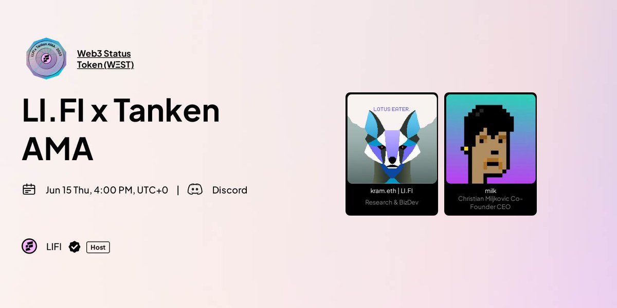 TankenLabs's tweet photo. Join us for our first AMA where Co-Founder &amp; CEO @krypto_milk will speak with @mark_murdock3 from https://t.co/3BiLby7qd1

Make sure to tune into the AMA for at least 5 minutes to claim a W3ST!

📅15 June 23
⏰16:00 PM UTC
📍https://t.co/3BiLby7qd1 Stage (Discord) https://t.co/ZJOpXjX2Qx