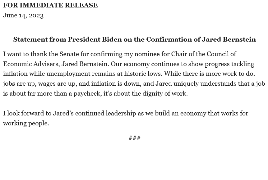 STATEMENT from <a href="/POTUS/">President Donald J. Trump</a> on <a href="/econjared46/">Jared Bernstein Archived</a>'s confirmation as CEA Chair:

"I look forward to Jared Bernstein's continued leadership as we build an economy that works for working people."