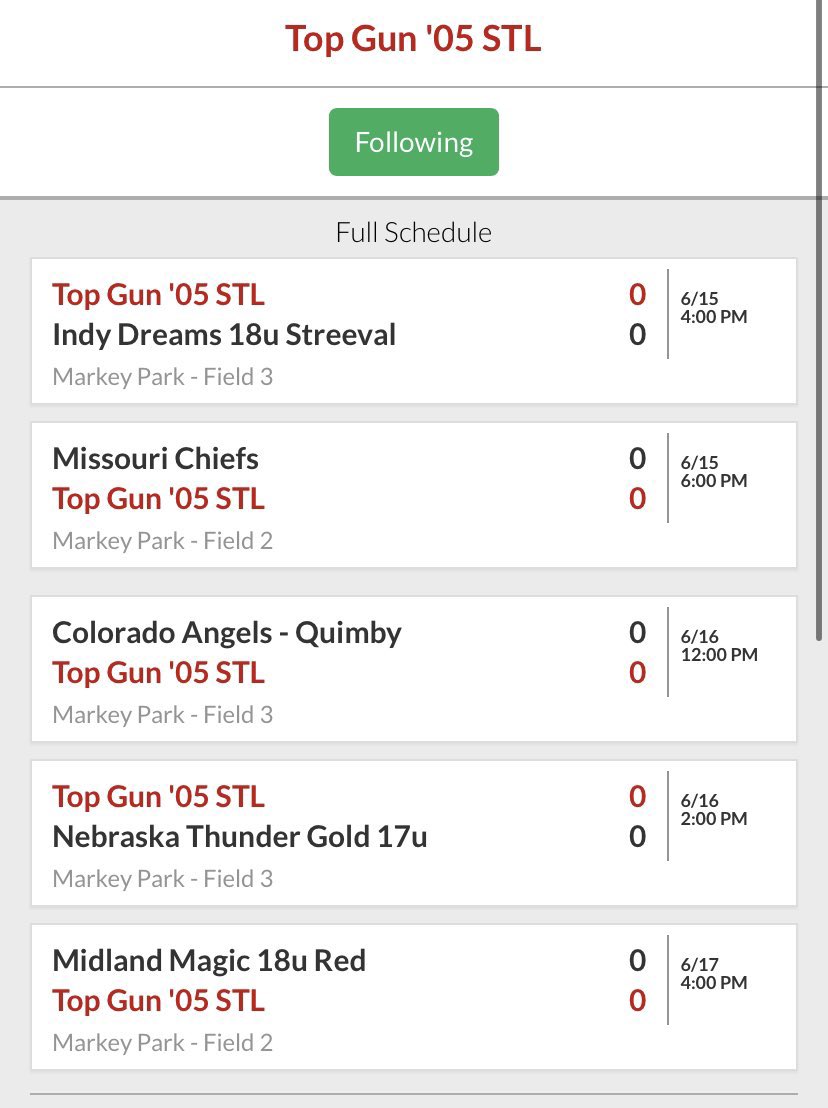 Here is our schedule for the Top Gun Invitational! Can’t wait!! @TopGun05STL