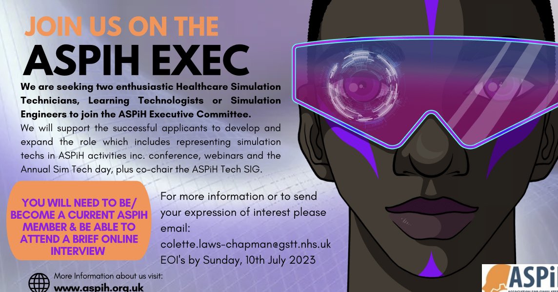 We are recruiting to the exec committee (EC) we would like to have colleagues who work in the technical field of simulation apply to compliment our MDT EC Details are on the advert below contact @MillieColette or send in an expressions of interest by 10/07 @AspihTechSig