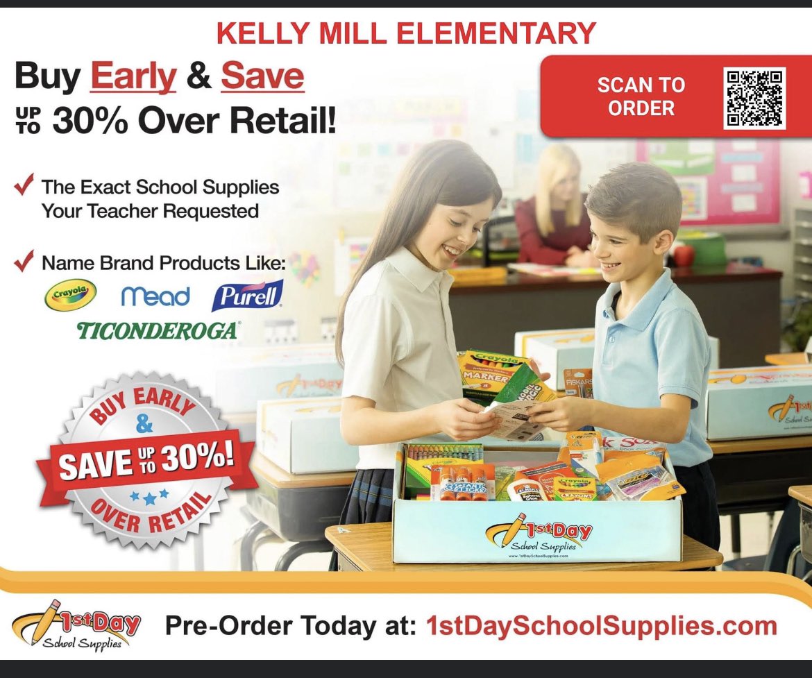 Attention Kelly Mill Elementary parents and guardians...This is it! Thursday is the final day to order your back-to-school supply kit  from 1st Day School Supplies!
 Order here: http://1stdayschoolsupplies. com/kits.php?sid=1178107  
Kelly Mill PTO