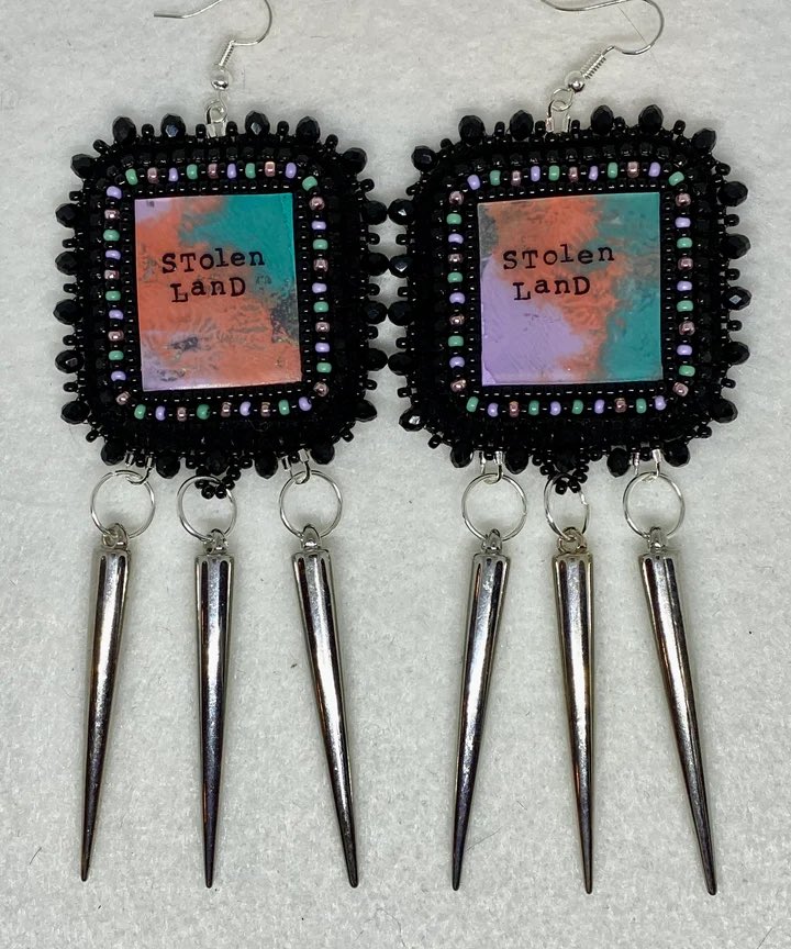 We are all on Stolen Land! $80 tell Auntie free shipping w code YODA!
They are 1.85 inches wide and are about 4 inches long (to bottom of the daggers). The thorns make a nice noise when they dangle.

look-beadwork.myshopify.com

@NDNbeadmarket @IndigenousBeads 
#LandBack
