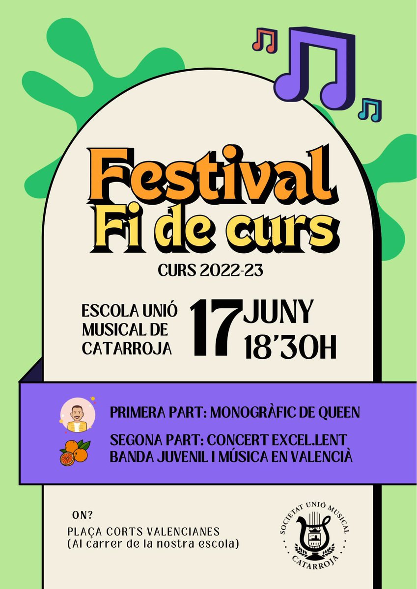UMCatarroja's tweet image. Ja tenim ací el nostre festival de fi de curs! Enguany la temàtica gira al voltant de Queen i de música en valencià. 🎶

Després del festival tindrà lloc el sopar anual al carrer, no vos ho podeu perdre! 
 #EscolaDeMusica 
#FiDeCurs #audicions #festival #música #músics #musiques