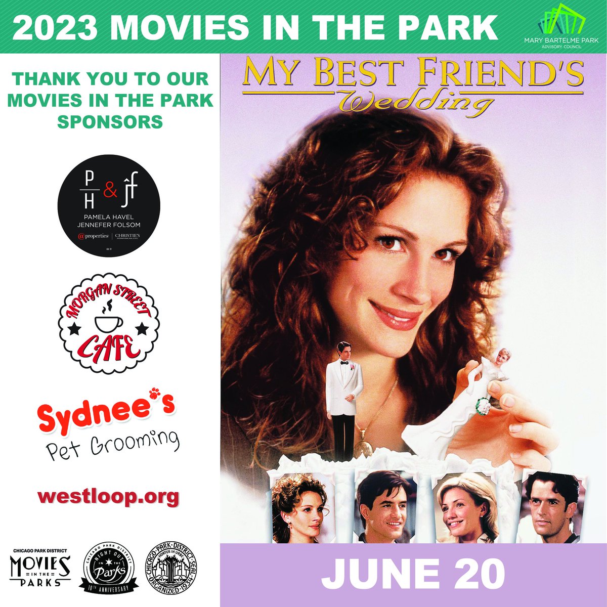 Our first Movie in the Park is next Tuesday the 20th....see you there!
Thank you to our sponsors:
<a href="/PamelaHavel/">PHav309</a> <a href="/morganstcafe/">Morgan Street Cafe</a> <a href="/Sydneesgrooming/">Sydnees Pet Grooming and Acadmey</a> <a href="/westloopco/">WestLoopCommunityOrg</a> 
<a href="/ChristiesHomes/">Christie’s Real Estate</a>

<a href="/AldConway/">Alderman Bill Conway</a> <a href="/wcachicago/">West Central Chamber</a> <a href="/West_Looper/">WestLooper</a> <a href="/TheBestLoop/">The West Loop</a> <a href="/ChicagoParks/">Chicago ParkDistrict</a>