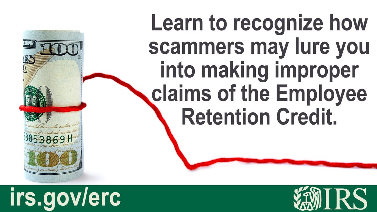 IRSsmallbiz's tweet photo. Business owners: Learn the signs and steps to avoid improperly filing claims involving misleading Employee Retention Credit scams. https://t.co/L62t7SXXTI. #ERC #ERTC https://t.co/dSACaSzsmq