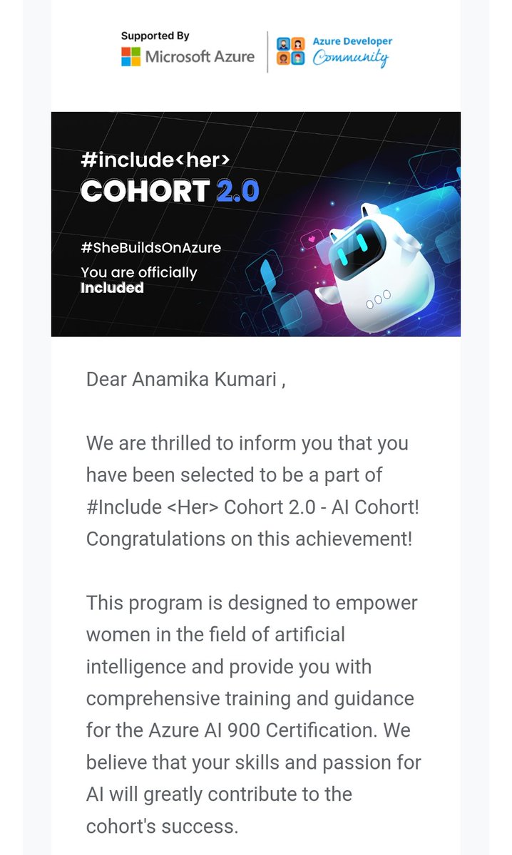 kanamika20's tweet photo. Excited to announce that I've been selected to be part of @SheBuildsOnAzure's #IncludeHer2.0 cohort! 🎉 It's an incredible opportunity to learn, collaborate, and empower women in tech. Can't wait to embark on this journey and make a difference! 💪🌟 #SheBuildsOnAzure https://t.co/J5kV9p3Dkg