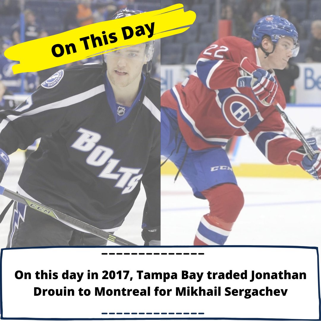 On this day in 2017: Tampa Bay traded Jonathan Drouin and a conditional 2018 6th round pick to Montreal for Mikhail Sergachev and a conditional 2018 2nd round pick. #GoBolts #GoHabsGo #NHL #NHLTwitter