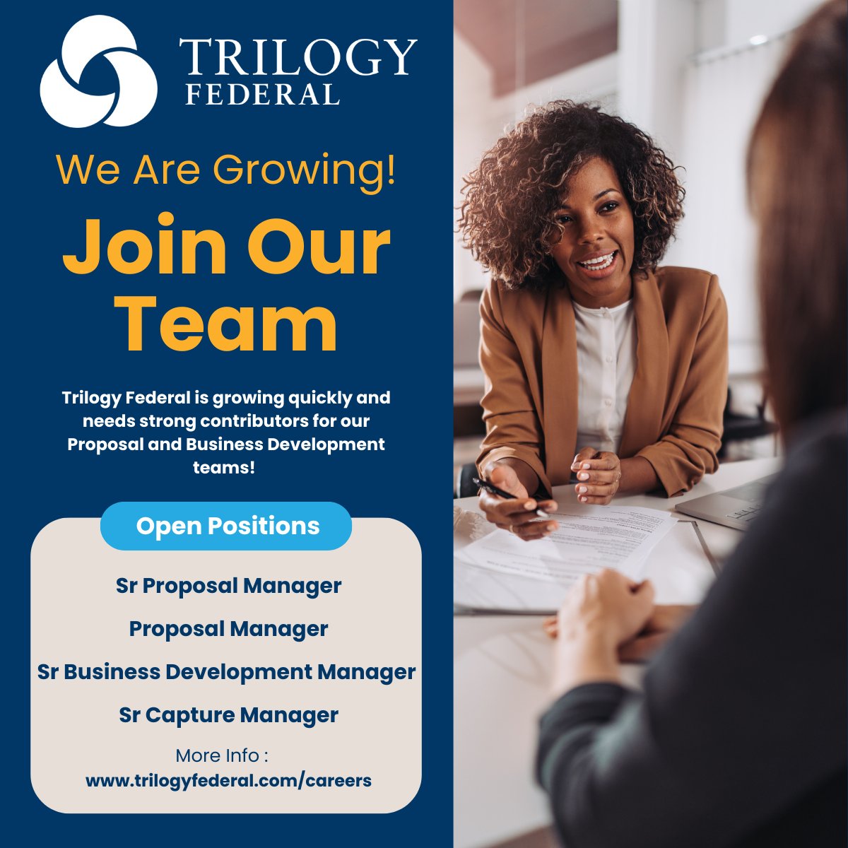 TrilogyFederal's tweet photo. Trilogy's growing! Looking for several positions in our Proposal and Business Development teams. Learn more and apply directly at https://t.co/XepN7sZFeP https://t.co/IbIA5GB4si