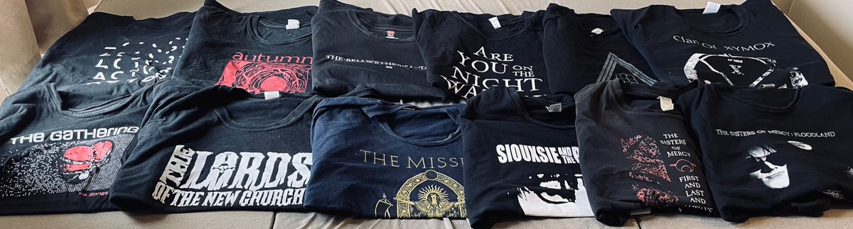 All of my #goth, #postpunk, & #darkwave band shirts. 
#ACTORS, #Autumn, #TheBellwetherSyndicate, #Bootblacks, #ClanOfXymox, #TheGathering, #LOTNC, #TheMission, #SiouxsieandtheBanshees, & #TheSistersofMercy 🖤 

@forthemacabre @Dementia_Grimm @ColdwaveC @WayneHussey4