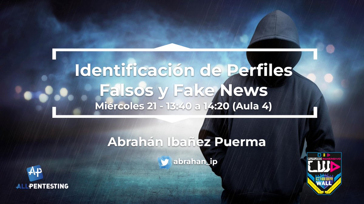 Tienes pensado ir a <a href="/C1b3rWall/">C1b3rWall</a> ? sino puedes, tienes la opción de ver online a una de nuestras nuevas promesas <a href="/abrahan_ip/">Abrahan IP</a> con su charla "Identificación de perfiles falsos y #FakeNews" el Miércoles 21 a las 13:40 (Aula 4 y streaming) Registro onlina aquí buff.ly/3WEhOT8