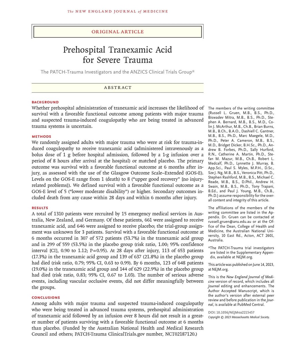 LeslieMegom's tweet photo. 🆕️💥The PATCH-Trauma🩸🏥
🩸Ácido tranexámico prehospitalario para trauma severo💥🩸🩸🩸🧵👇👇
👇👇👇👇👇
https://t.co/oxJ4cWT7Gv
🔐
https://t.co/pDZ6v1Gafk https://t.co/RfFYNyFrys