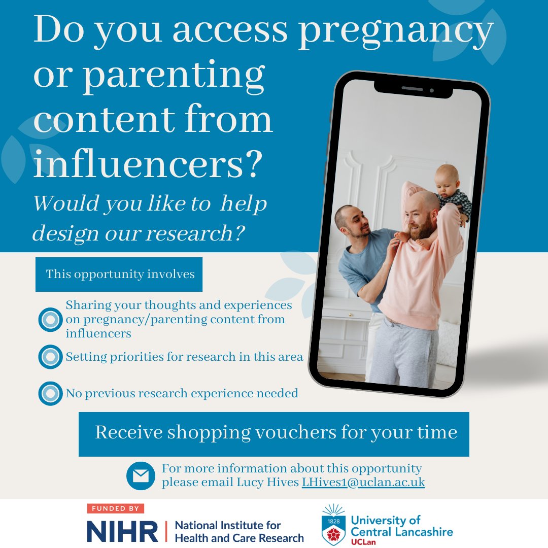 Lucy Hives (@lucyhives) on Twitter photo I've managed to speak with 10 mums so far about their experiences of pregnancy/parenting content from social media influencers π
Are there any dads out there who would like to have a chat with me about this topic?
Please email me at LHives1@uclan.ac.uk or DM me.
Thank you π I've managed to speak with 10 mums so far about their experiences of pregnancy/parenting content from social media influencers π
Are there any dads out there who would like to have a chat with me about this topic?
Please email me at LHives1@uclan.ac.uk or DM me.
Thank you π